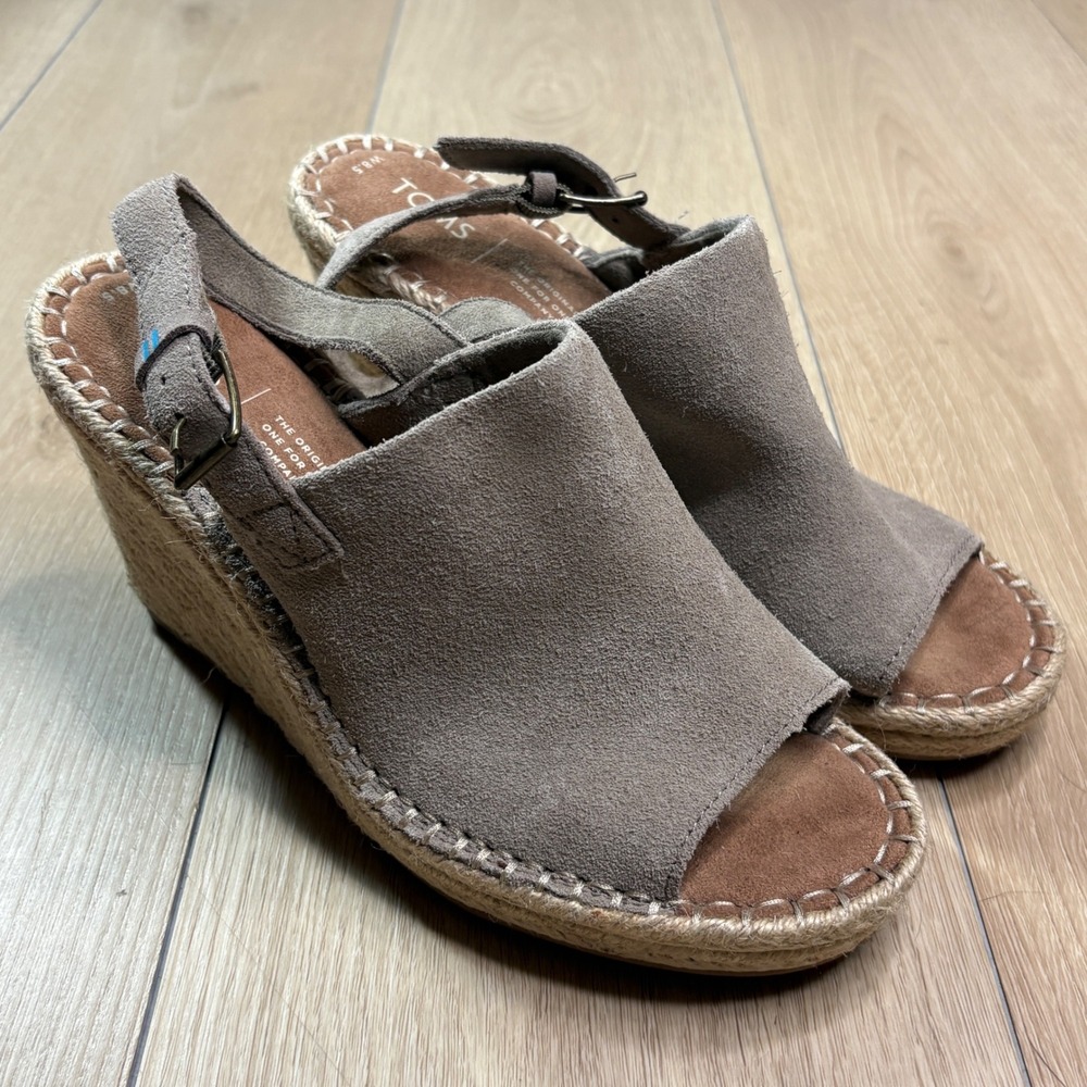 TOMS Monica Taupe Grey Suede Espadrille Wedge Sandals Women 8.5 Peep Toe